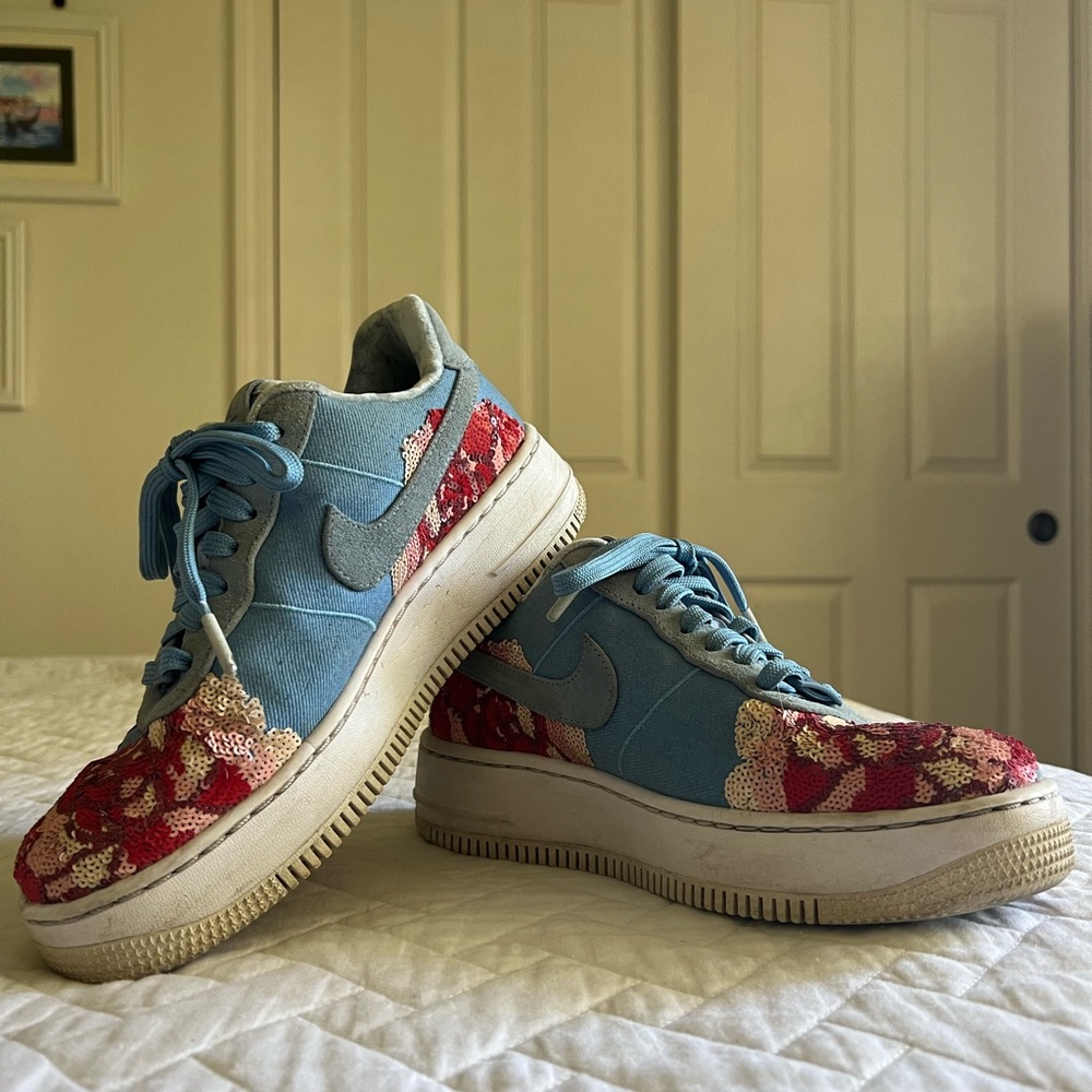 Nike Air Force 1 Upstep Low Floral Sequin Rose Denim Sky Size 8